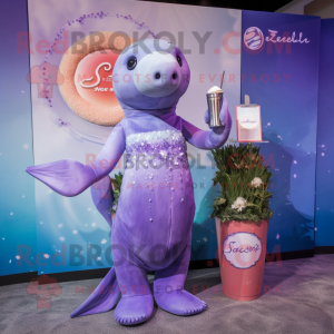 Lavender Stellar'S Sea Cow mascot costume character dressed with a Cocktail Dress and Rings