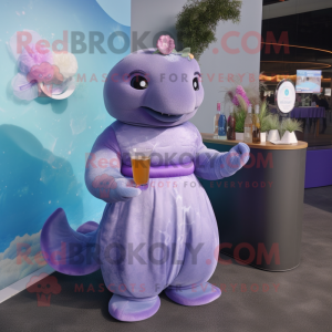 Lavender Stellar'S Sea Cow mascot costume character dressed with a Cocktail Dress and Rings