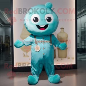 Cyan Dim Sum mascot costume character dressed with a Romper and Suspenders