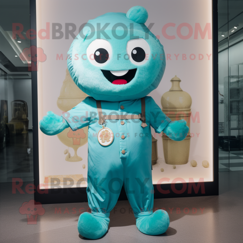 Cyan Dim Sum mascot costume character dressed with a Romper and Suspenders Cyan Dim Sum mascot costume character dressed with a Romper and Suspenders