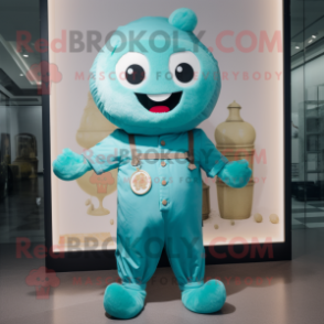 Cyan Dim Sum mascot costume character dressed with a Romper and Suspenders