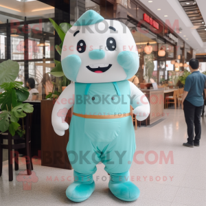 Cyan Dim Sum mascot costume character dressed with a Romper and Suspenders