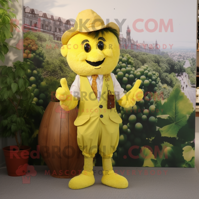 Yellow Grape mascot costume character dressed with a Waistcoat and Hairpins