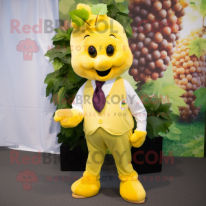 Yellow Grape mascot costume character dressed with a Waistcoat and Hairpins