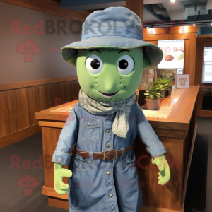 nan Green Bean mascot costume character dressed with a Chambray Shirt and Wraps