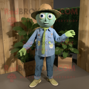 nan Green Bean mascot costume character dressed with a Chambray Shirt and Wraps