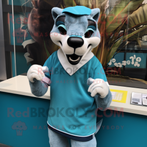 Cyan Thylacosmilus mascot costume character dressed with a Pencil Skirt and Gloves