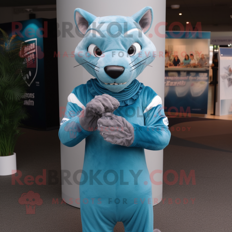 Cyan Thylacosmilus mascot costume character dressed with a Pencil Skirt and Gloves Cyan Thylacosmilus mascot costume character dressed with a Pencil Skirt and Gloves