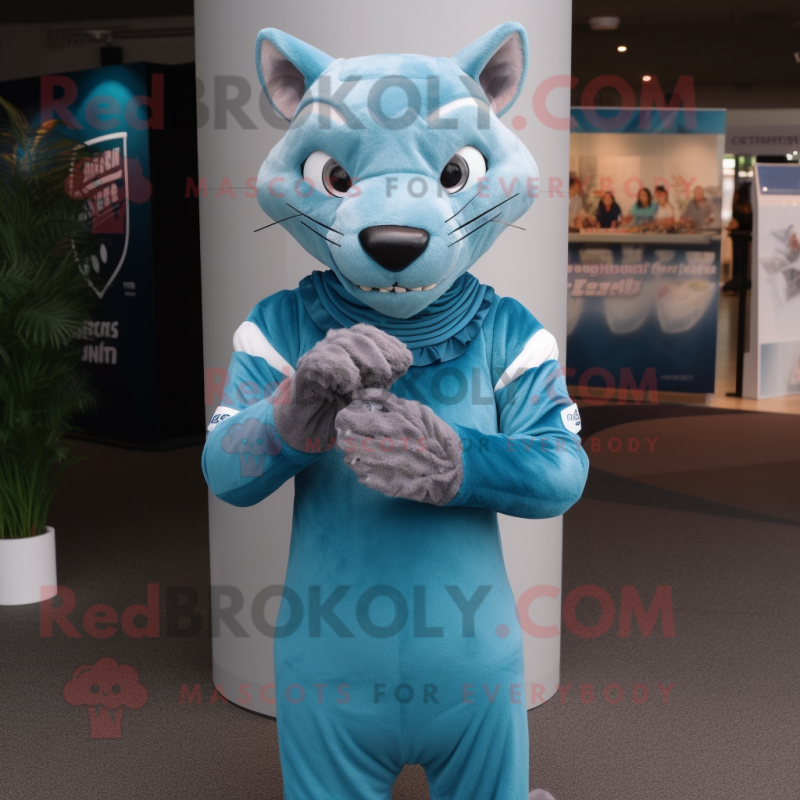 Cyan Thylacosmilus mascot costume character dressed with a Pencil Skirt and Gloves