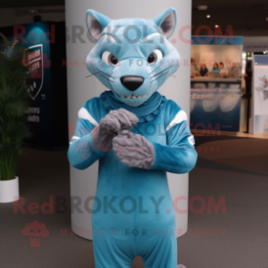 Cyan Thylacosmilus mascot costume character dressed with a Pencil Skirt and Gloves