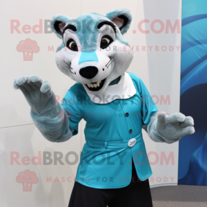Cyan Thylacosmilus mascot costume character dressed with a Pencil Skirt and Gloves