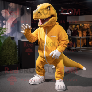 Gold T Rex mascot costume character dressed with a Sweatshirt and Foot pads