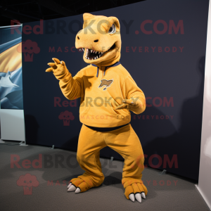 Gold T Rex mascot costume character dressed with a Sweatshirt and Foot pads