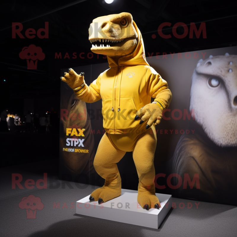 Gold T Rex mascot costume character dressed with a Sweatshirt and Foot pads Gold T Rex mascot costume character dressed with a Sweatshirt and Foot pads