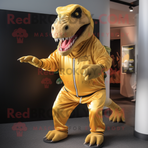 Gold T Rex mascot costume character dressed with a Sweatshirt and Foot pads