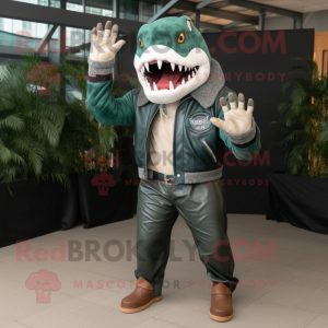 Forest Green Megalodon mascot costume character dressed with a Leather Jacket and Gloves