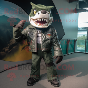 Forest Green Megalodon mascot costume character dressed with a Leather Jacket and Gloves