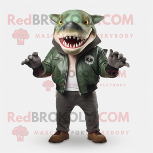 Forest Green Megalodon mascot costume character dressed with a Leather Jacket and Gloves