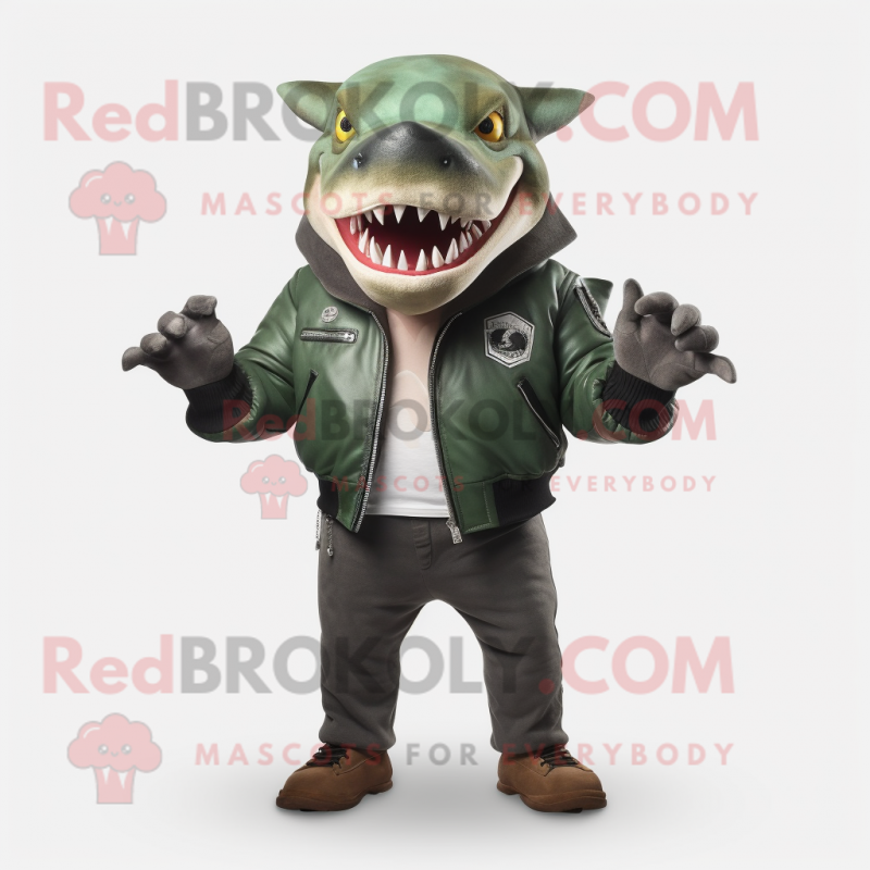 Forest Green Megalodon mascot costume character dressed with a Leather Jacket and Gloves Forest Green Megalodon mascot costume character dressed with a Leather Jacket and Gloves