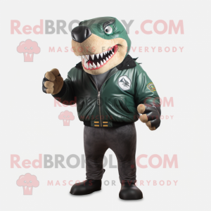 Forest Green Megalodon mascot costume character dressed with a Leather Jacket and Gloves