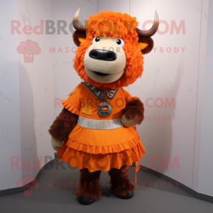 Orange Buffalo mascot costume character dressed with a Skirt and Keychains