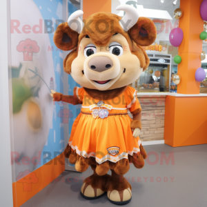 Orange Buffalo mascot costume character dressed with a Skirt and Keychains