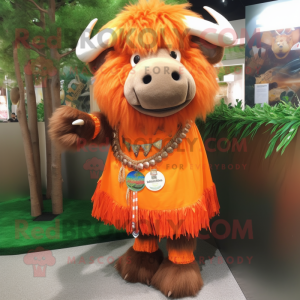 Orange Buffalo mascot costume character dressed with a Skirt and Keychains
