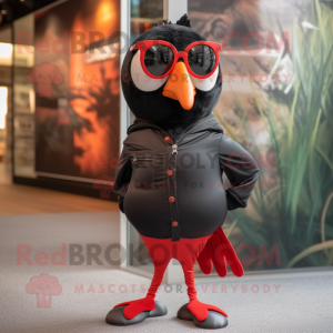 Red Blackbird mascot costume character dressed with a Jeggings and Sunglasses