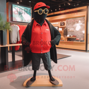 Red Blackbird mascot costume character dressed with a Jeggings and Sunglasses