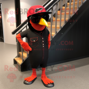 Red Blackbird mascot costume character dressed with a Jeggings and Sunglasses