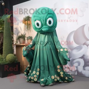 Forest Green Octopus mascot costume character dressed with a Dress and Beanies