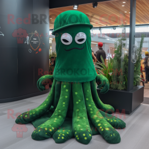 Forest Green Octopus mascot costume character dressed with a Dress and Beanies