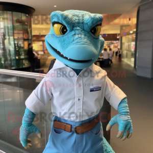 Turquoise Lizard mascot costume character dressed with a Button-Up Shirt and Wraps