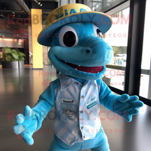 Turquoise Lizard mascot costume character dressed with a Button-Up Shirt and Wraps