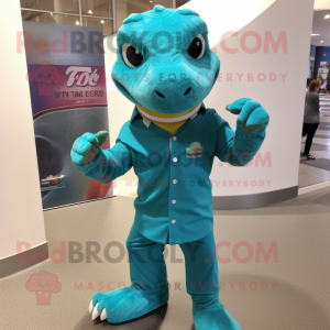 Turquoise Lizard mascot costume character dressed with a Button-Up Shirt and Wraps