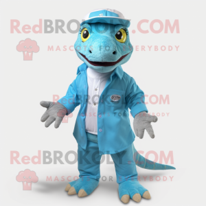 Turquoise Lizard mascot costume character dressed with a Button-Up Shirt and Wraps