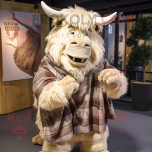 Cream Woolly Rhinoceros mascot costume character dressed with a Flannel Shirt and Shawls