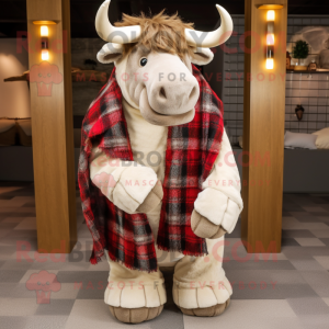 Cream Woolly Rhinoceros mascot costume character dressed with a Flannel Shirt and Shawls