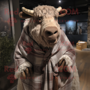 Cream Woolly Rhinoceros mascot costume character dressed with a Flannel Shirt and Shawls