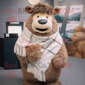 Cream Woolly Rhinoceros mascot costume character dressed with a Flannel Shirt and Shawls