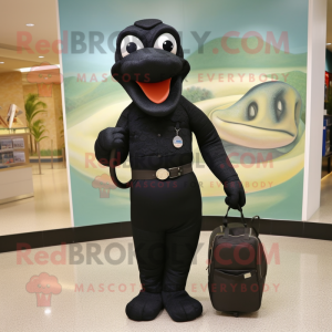 Black Snake mascot costume character dressed with a Shift Dress and Messenger bags