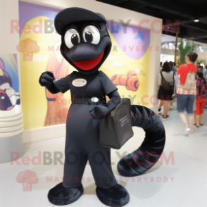 Black Snake mascot costume character dressed with a Shift Dress and Messenger bags