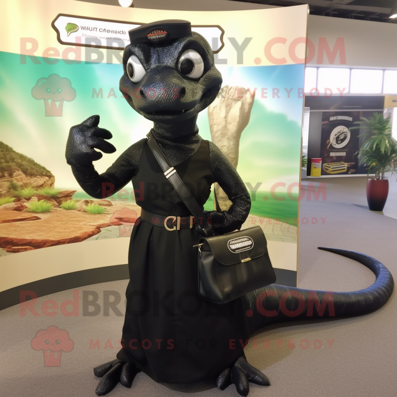Black Snake mascot costume character dressed with a Shift Dress and Messenger bags Black Snake mascot costume character dressed with a Shift Dress and Messenger bags