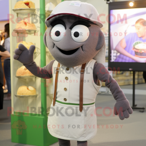 Gray Falafel mascot costume character dressed with a Polo Shirt and Suspenders