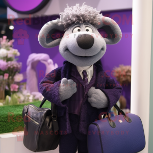 Purple Suffolk Sheep mascot costume character dressed with a Suit Jacket and Handbags