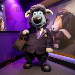 Purple Suffolk Sheep mascot costume character dressed with a Suit Jacket and Handbags