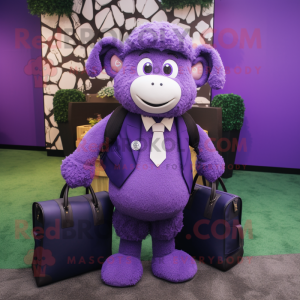 Purple Suffolk Sheep mascot costume character dressed with a Suit Jacket and Handbags