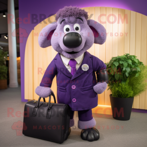 Purple Suffolk Sheep mascot costume character dressed with a Suit Jacket and Handbags