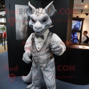 Silver Gargoyle mascot costume character dressed with a Henley Shirt and Pocket squares