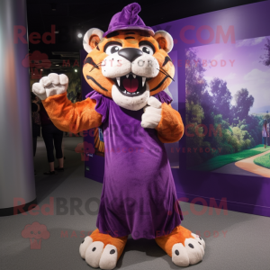 Purple Saber-Toothed Tiger mascot costume character dressed with a Midi Dress and Beanies